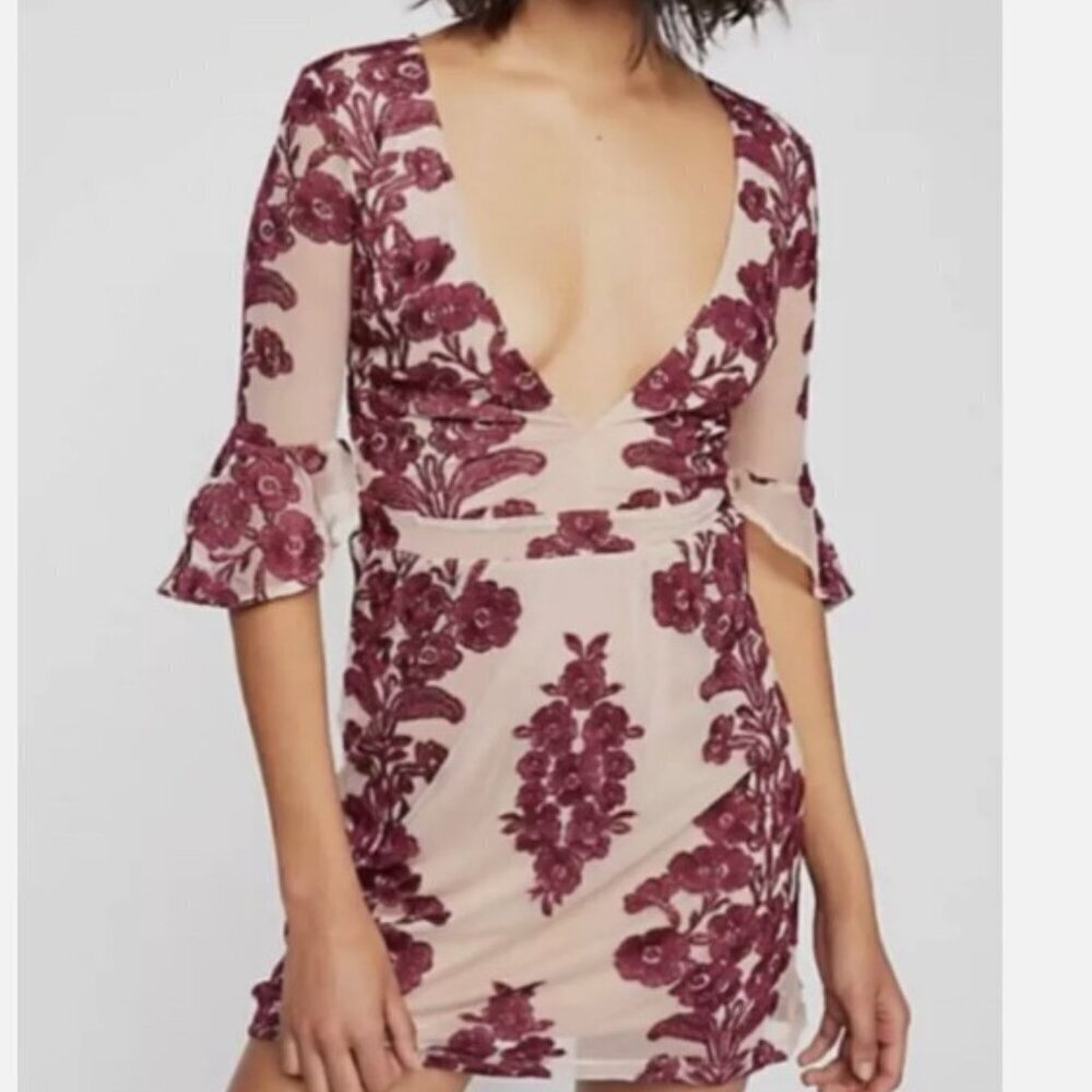 For Love And Lemons Temecula Tan & Purple Embroidered Mesh Mini Dress - Size S